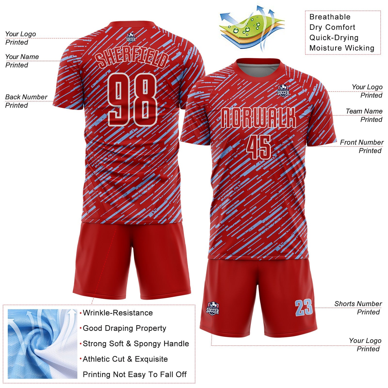 Custom Red Light Blue-White Line Sports Sublimation Soccer Uniform Jersey view 4