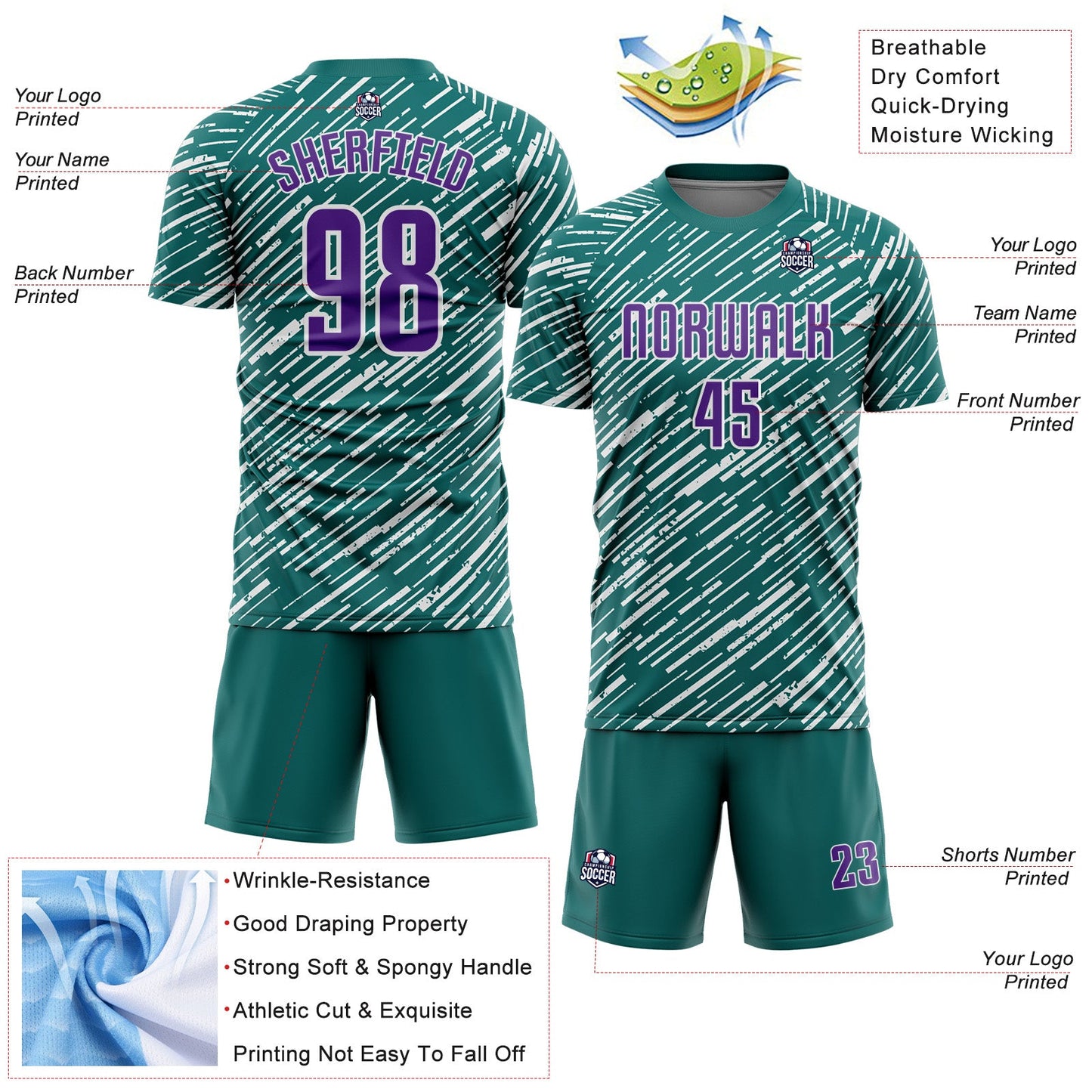 Custom Teal Purple-White Line Sports Sublimation Soccer Uniform Jersey view 4