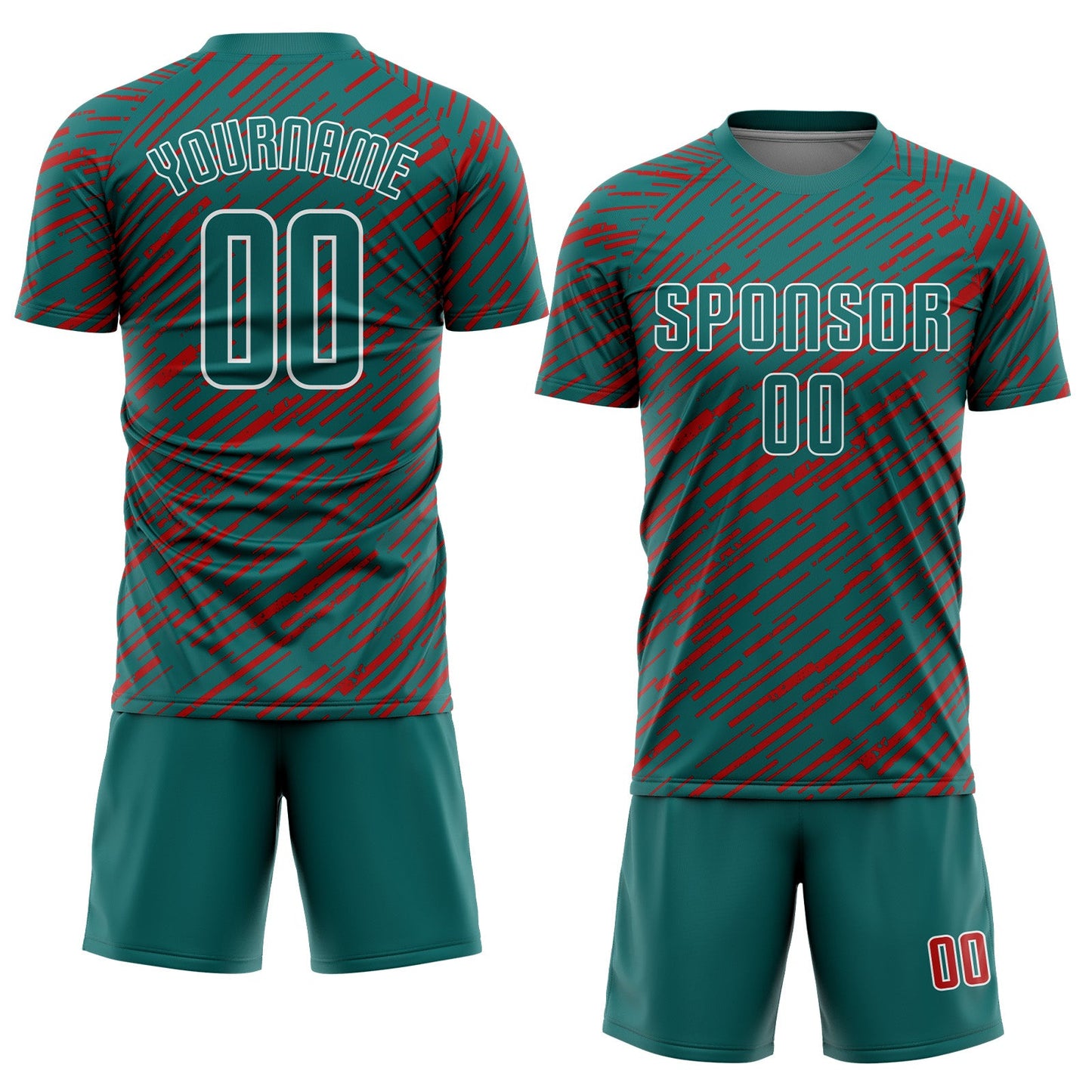 Custom Teal Red-White Line Sports Sublimation Soccer Uniform Jersey view 2