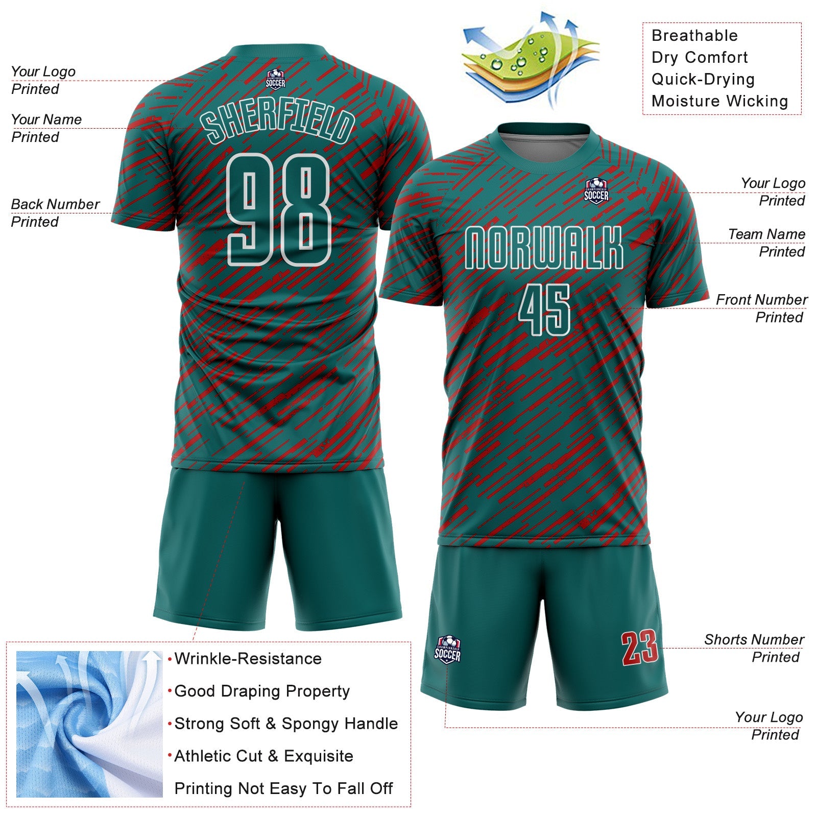 Custom Teal Red-White Line Sports Sublimation Soccer Uniform Jersey view 4