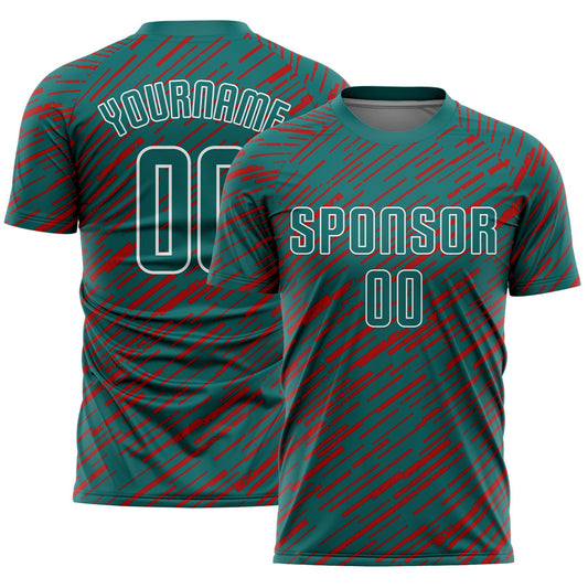Custom Teal Red-White Line Sports Sublimation Soccer Uniform Jersey - Main View