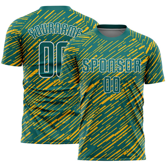 Custom Teal Gold-White Line Sports Sublimation Soccer Uniform Jersey - Main View