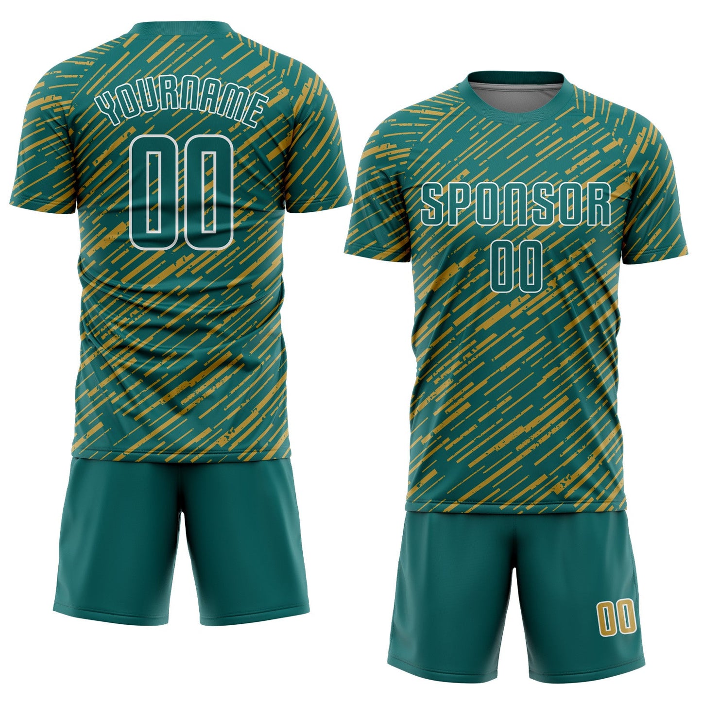 Custom Teal Old Gold-White Line Sports Sublimation Soccer Uniform Jersey view 2