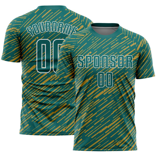 Custom Teal Old Gold-White Line Sports Sublimation Soccer Uniform Jersey - Main View