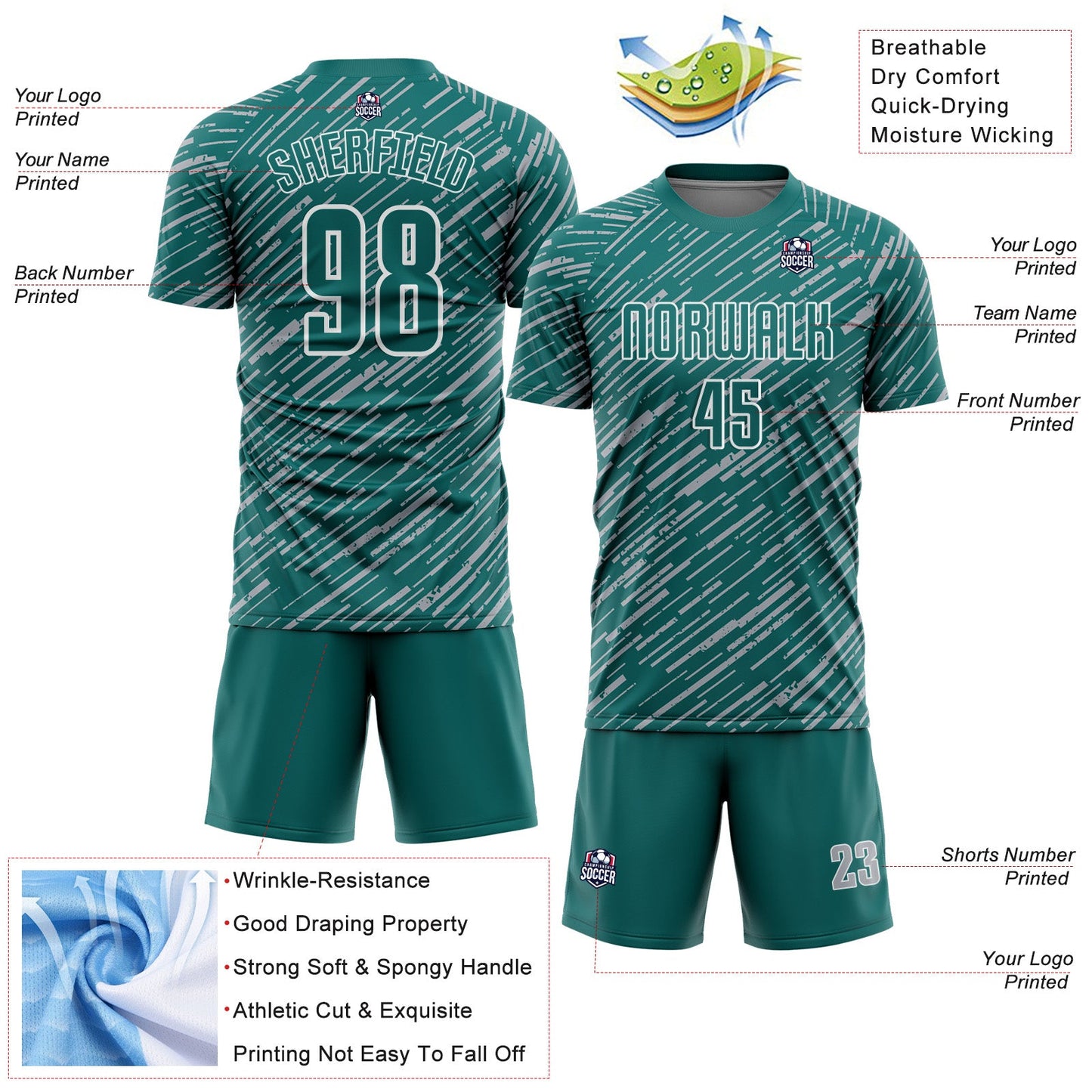 Custom Teal Gray-White Line Sports Sublimation Soccer Uniform Jersey view 4