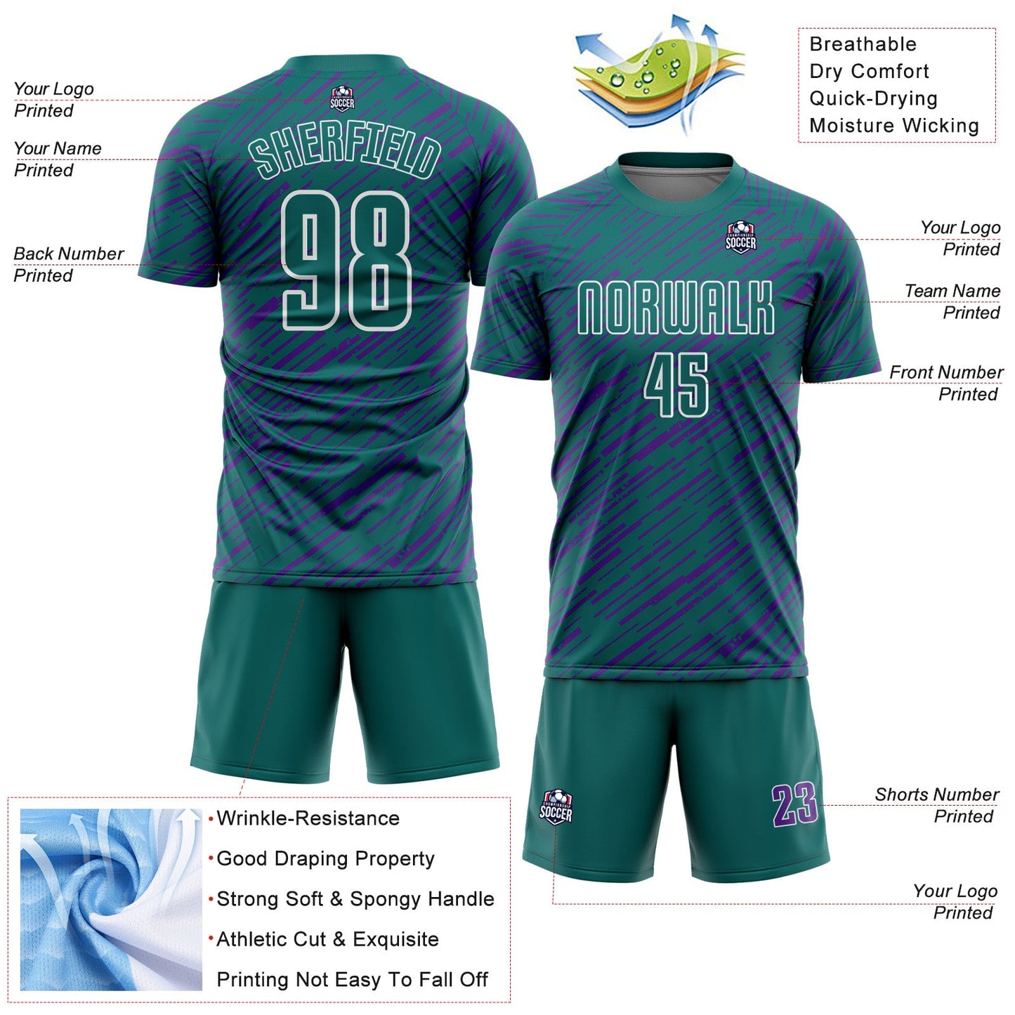 Custom Teal Purple-White Line Sports Sublimation Soccer Uniform Jersey view 4