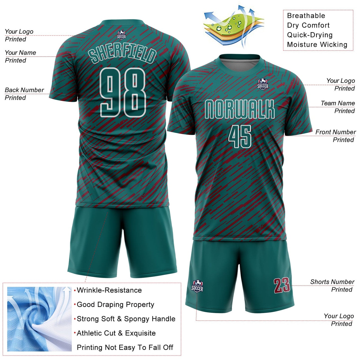 Custom Teal Crimson-White Line Sports Sublimation Soccer Uniform Jersey view 4