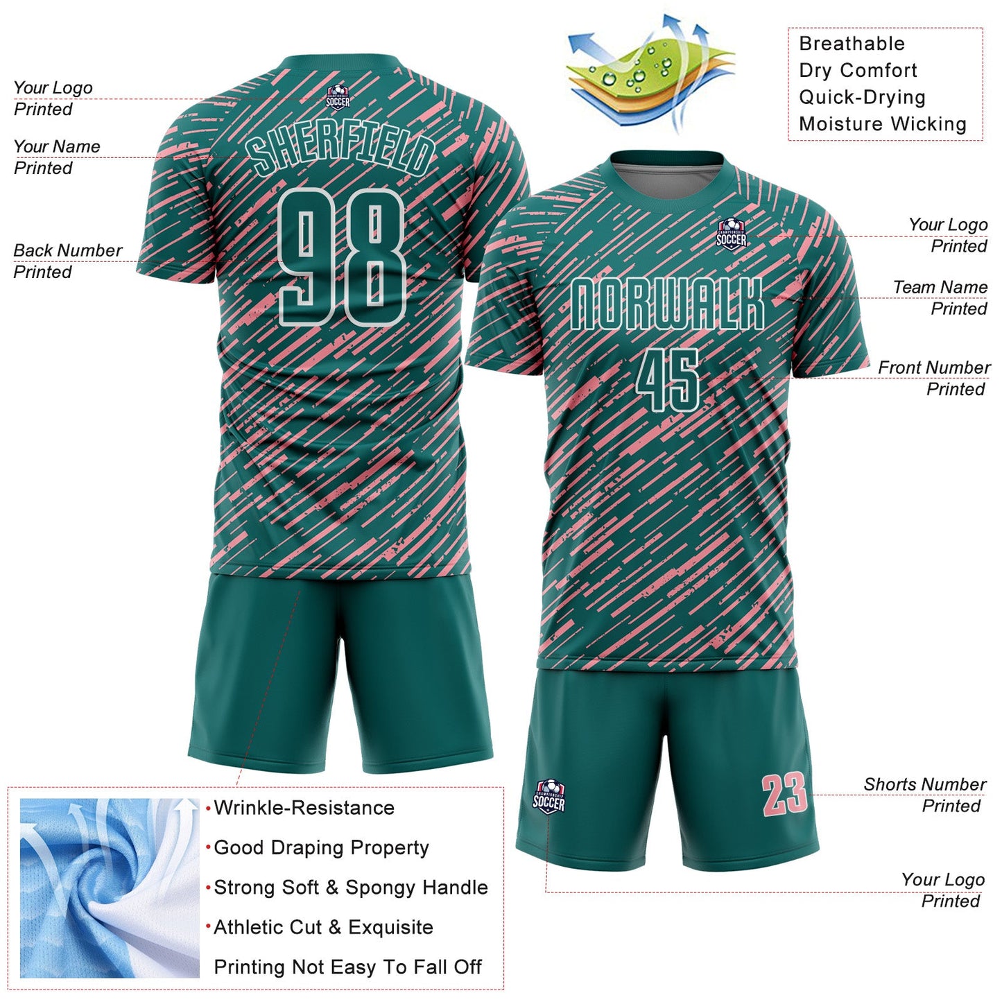 Custom Teal Medium Pink-White Line Sports Sublimation Soccer Uniform Jersey view 4