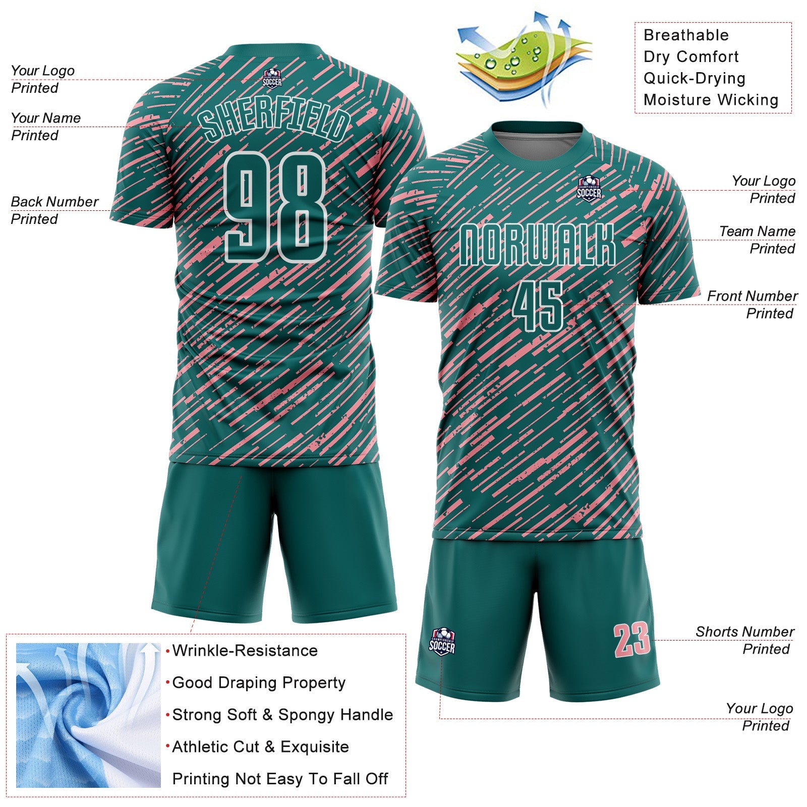 Custom Teal Medium Pink-White Line Sports Sublimation Soccer Uniform Jersey view 4