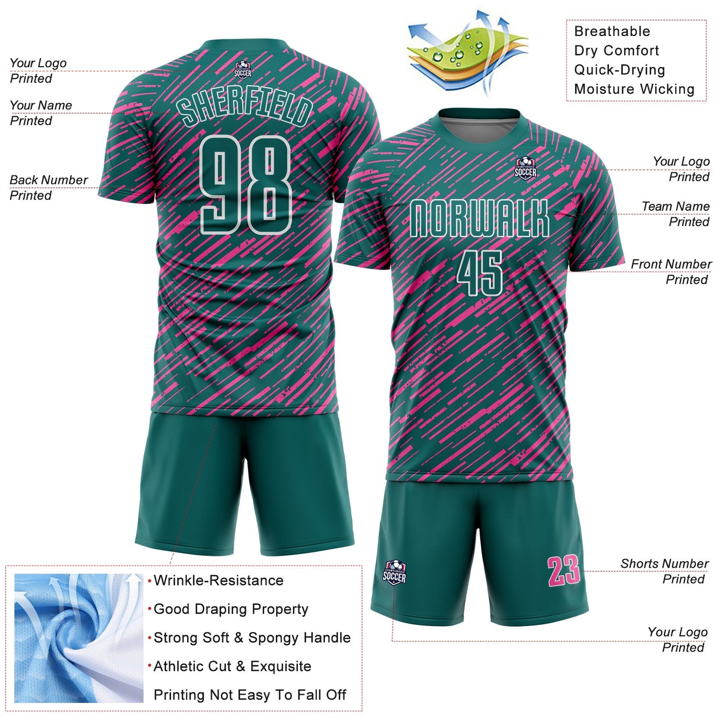 Custom Teal Pink-White Line Sports Sublimation Soccer Uniform Jersey view 4