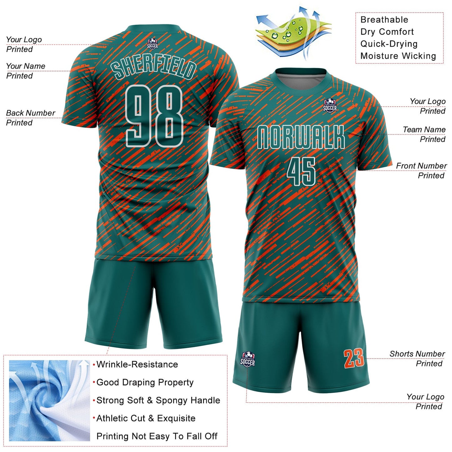 Custom Teal Orange-White Line Sports Sublimation Soccer Uniform Jersey view 4