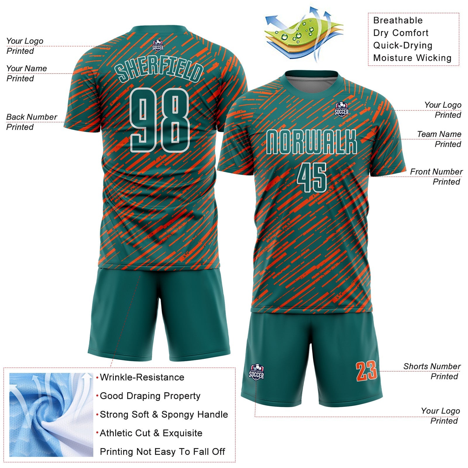 Custom Teal Orange-White Line Sports Sublimation Soccer Uniform Jersey view 4