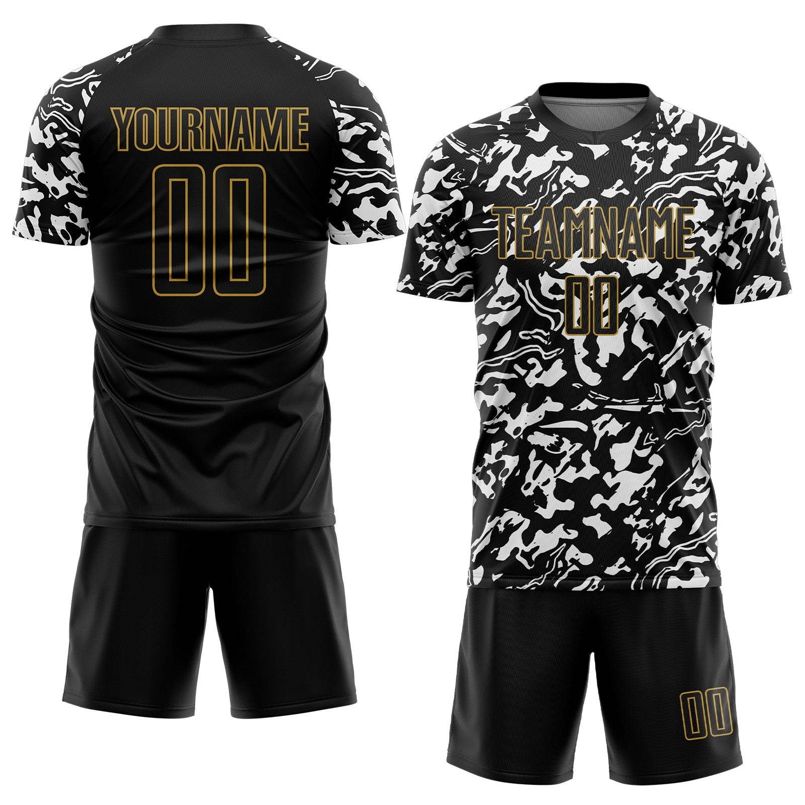 Custom Black Old Gold-White Liquid Fluid Pattern Sports Sublimation Soccer Uniform Jersey view 2