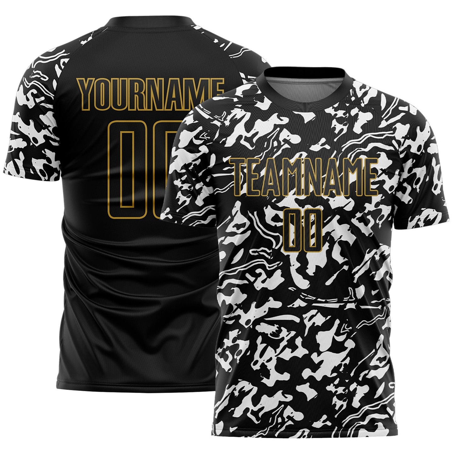 Custom Black Old Gold-White Liquid Fluid Pattern Sports Sublimation Soccer Uniform Jersey - Main View