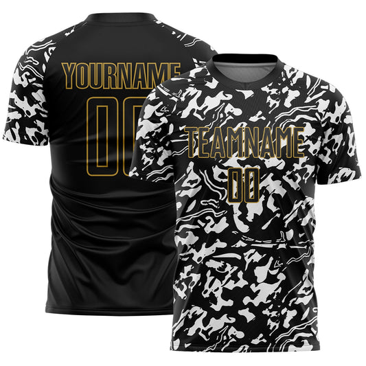 Custom Black Old Gold-White Liquid Fluid Pattern Sports Sublimation Soccer Uniform Jersey - Main View