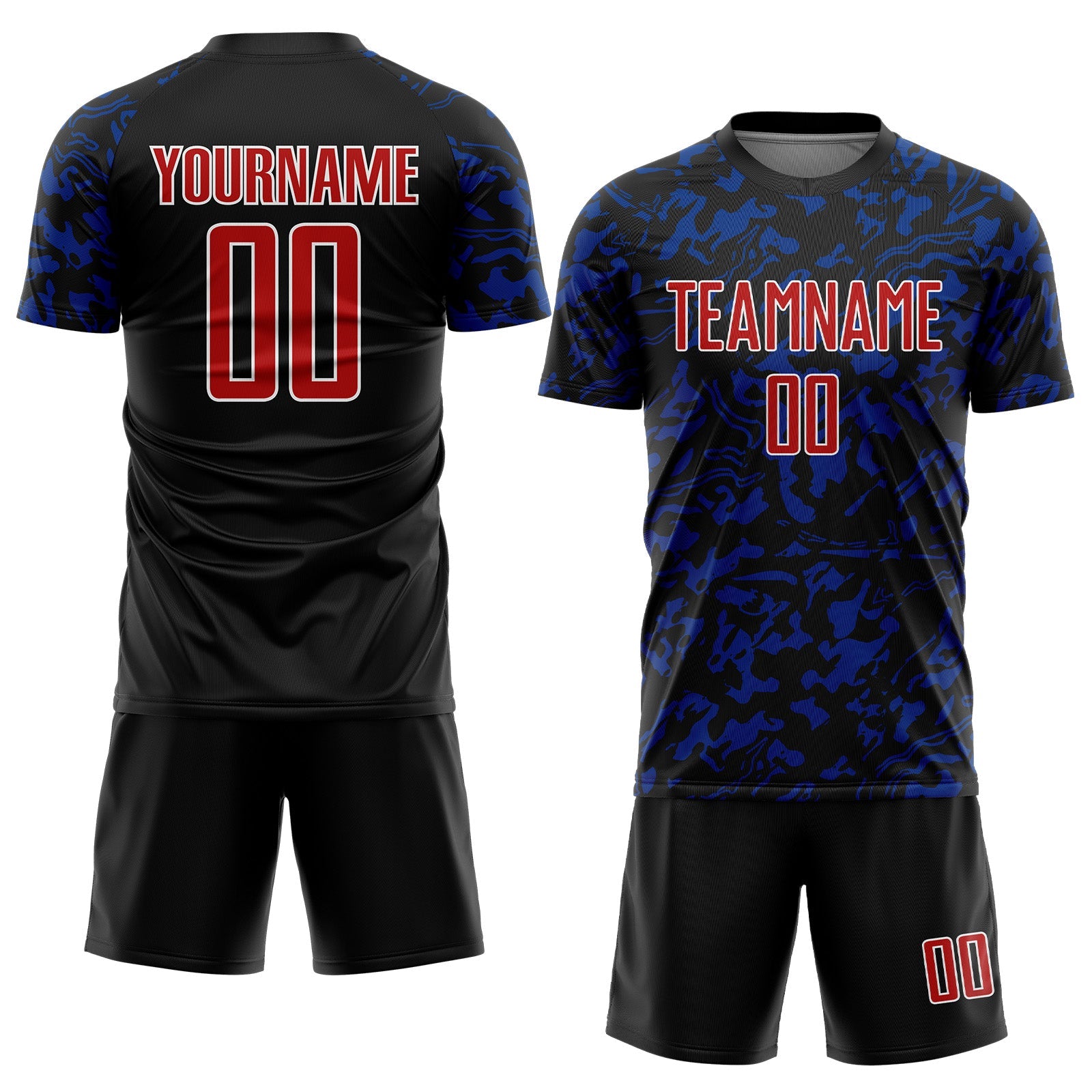 Custom Black Red Royal-White Liquid Fluid Pattern Sports Sublimation Soccer Uniform Jersey view 2
