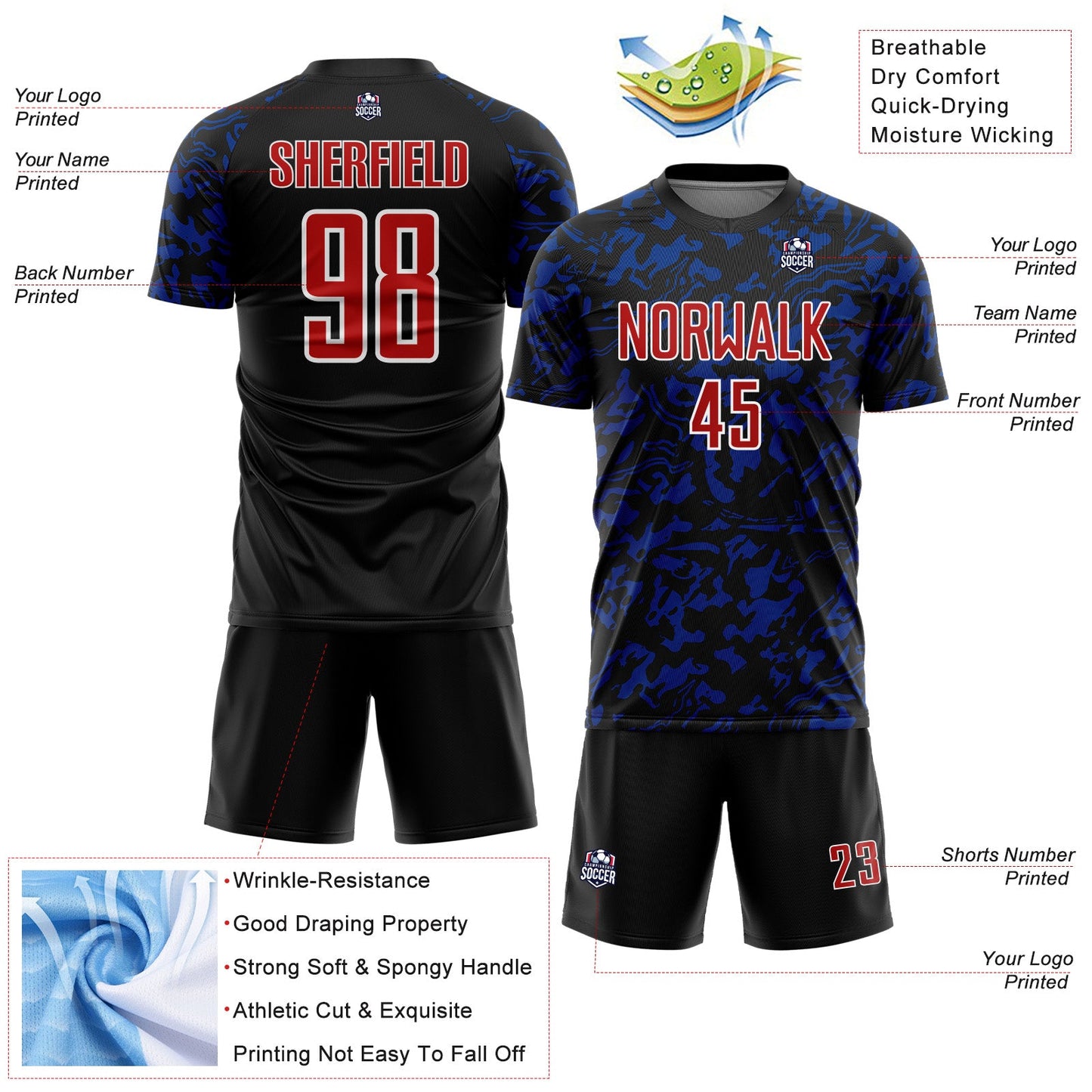 Custom Black Red Royal-White Liquid Fluid Pattern Sports Sublimation Soccer Uniform Jersey view 4