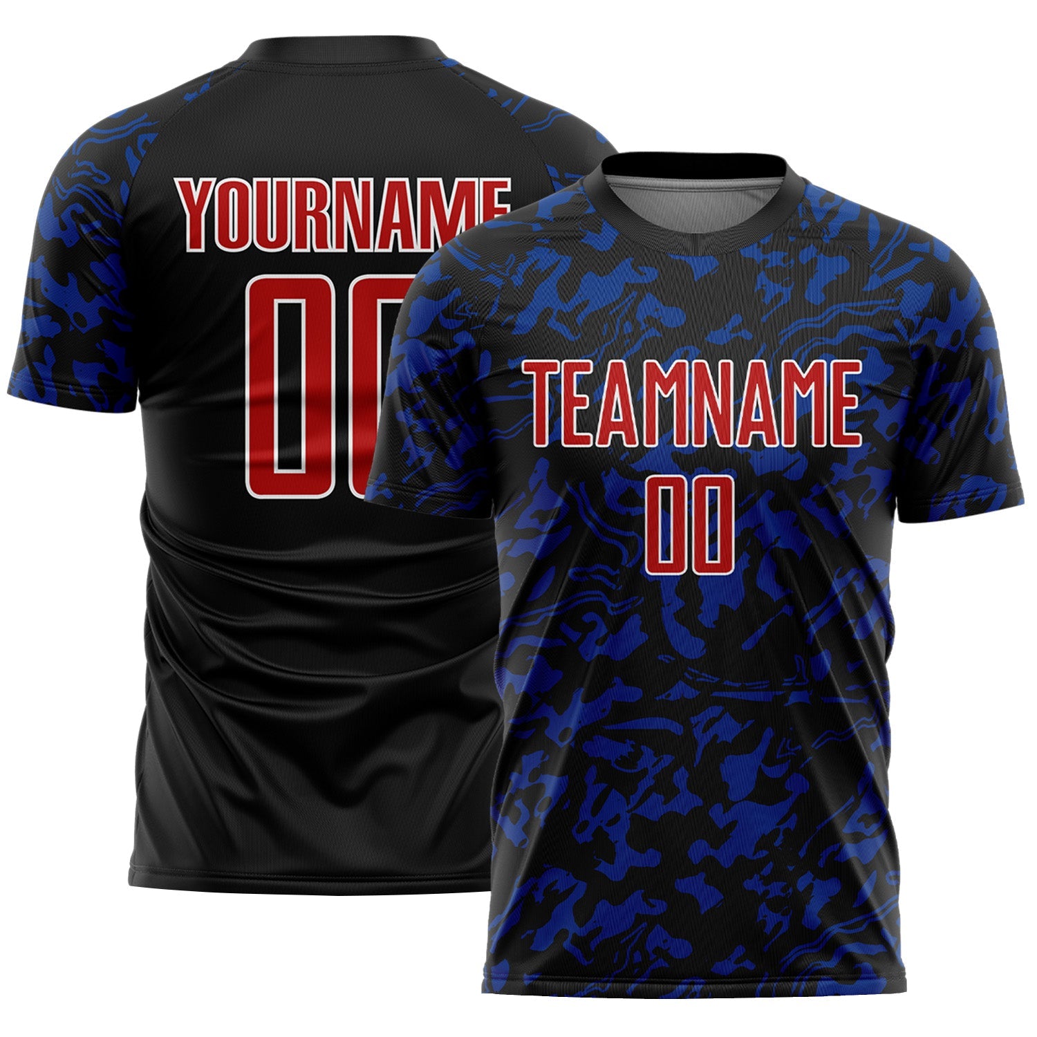 Custom Black Red Royal-White Liquid Fluid Pattern Sports Sublimation Soccer Uniform Jersey - Main View