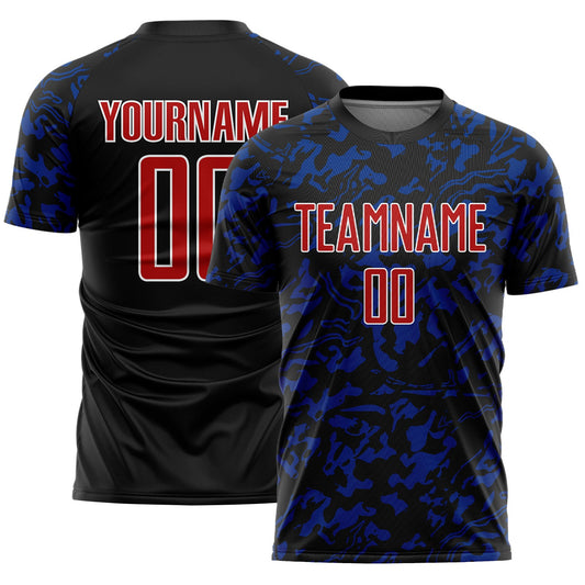 Custom Black Red Royal-White Liquid Fluid Pattern Sports Sublimation Soccer Uniform Jersey - Main View