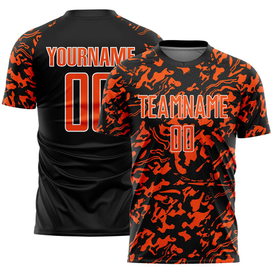 Custom Black Orange-White Liquid Fluid Pattern Sports Sublimation Soccer Uniform Jersey - Main View