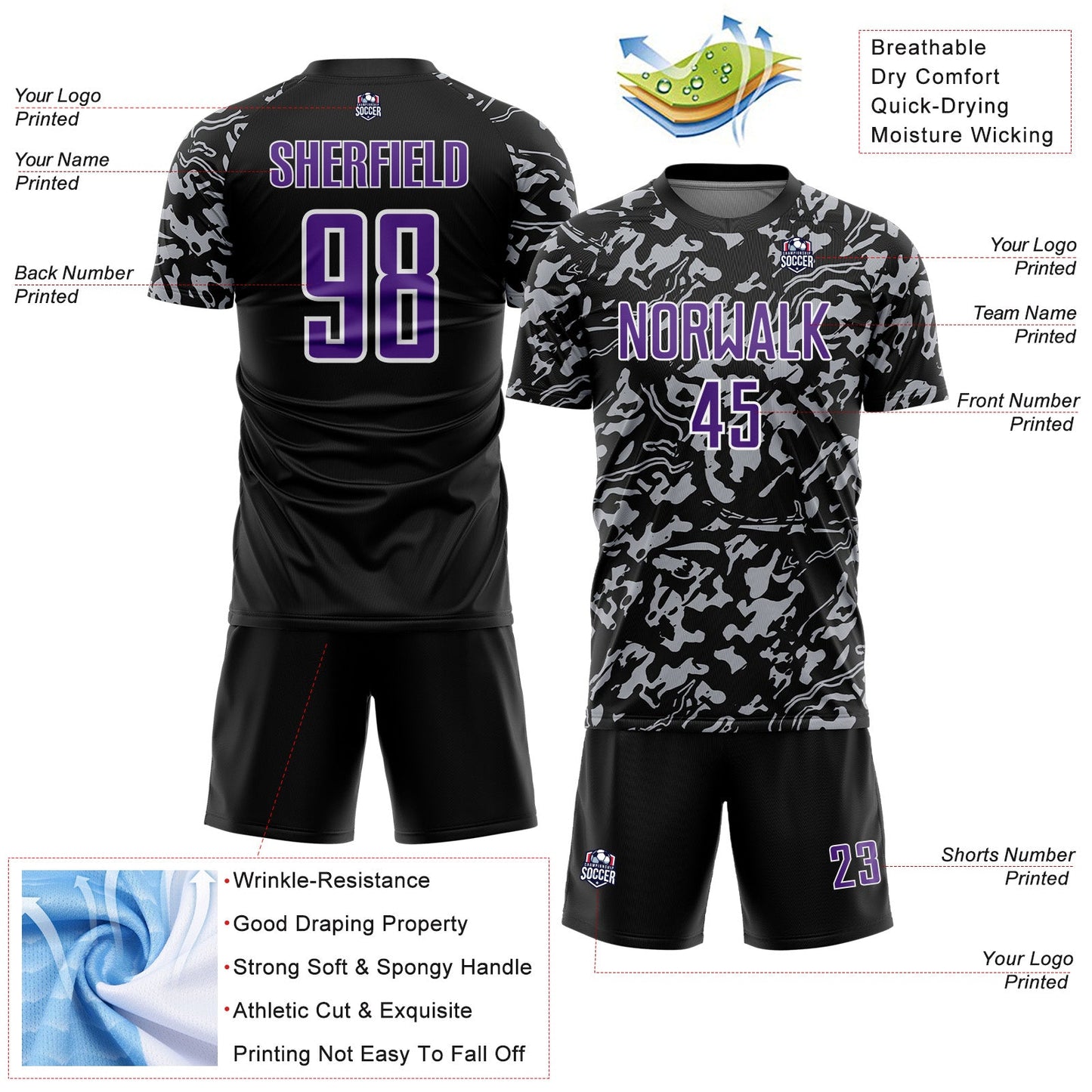 Custom Black Purple Gray-White Liquid Fluid Pattern Sports Sublimation Soccer Uniform Jersey view 4