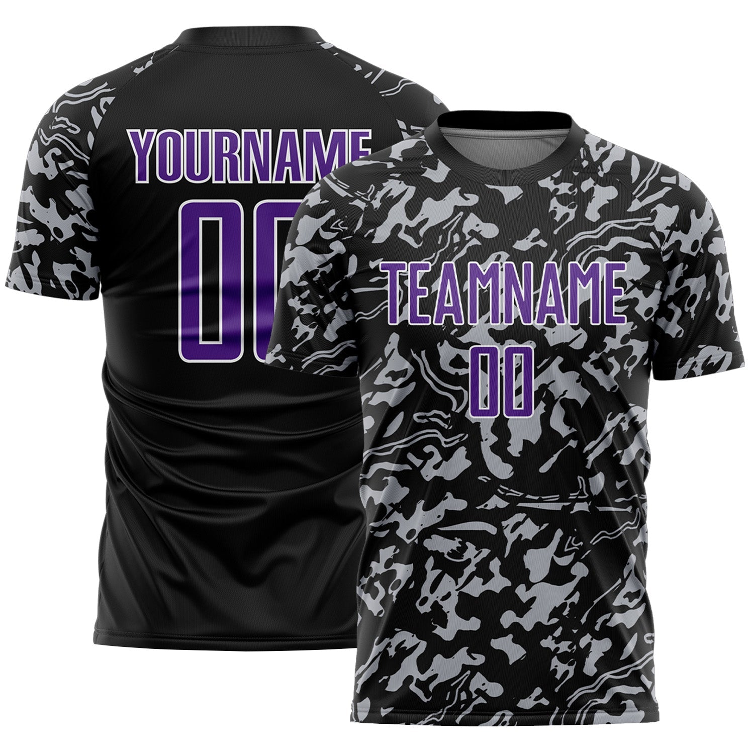 Custom Black Purple Gray-White Liquid Fluid Pattern Sports Sublimation Soccer Uniform Jersey - Main View