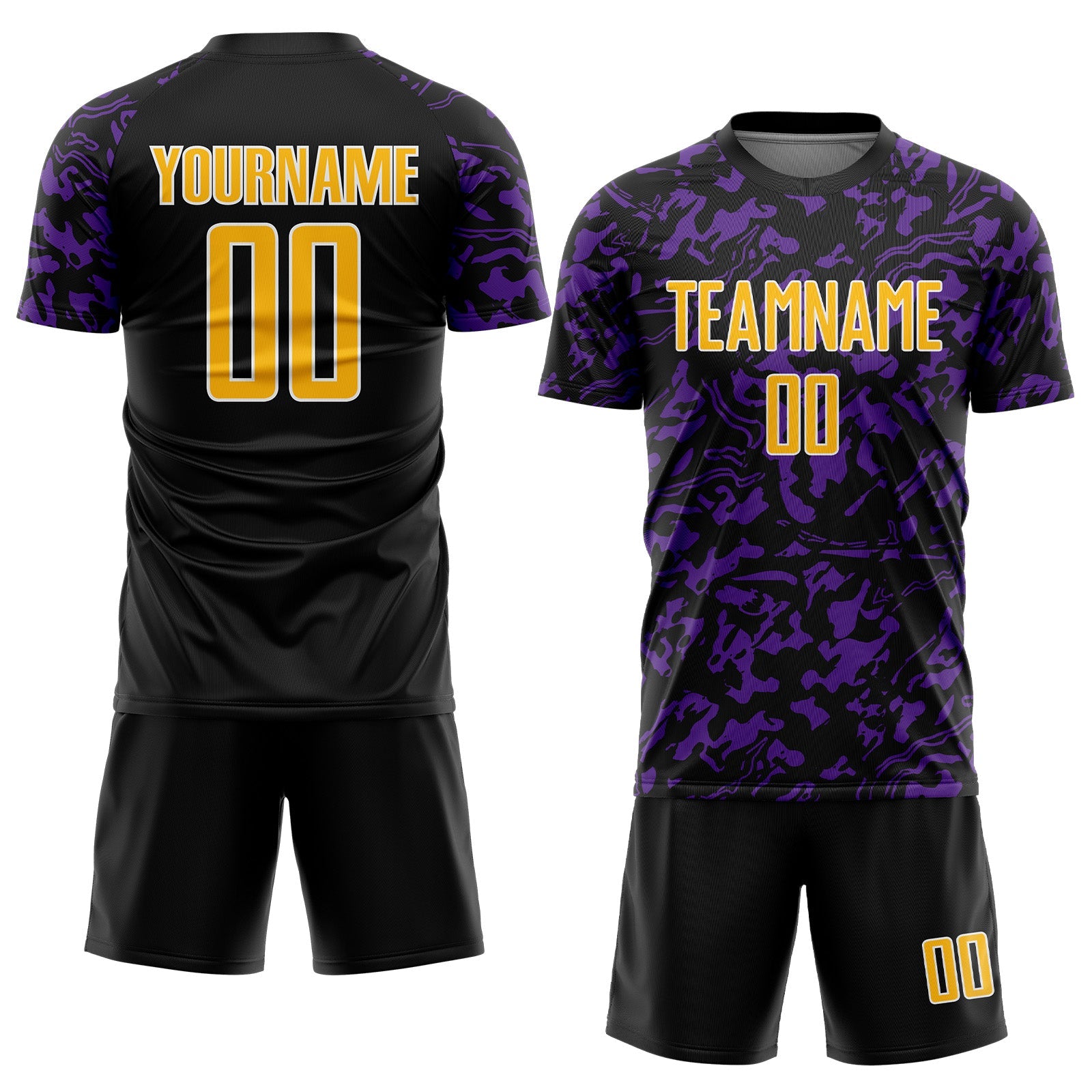 Custom Black Gold Purple-White Liquid Fluid Pattern Sports Sublimation Soccer Uniform Jersey view 2