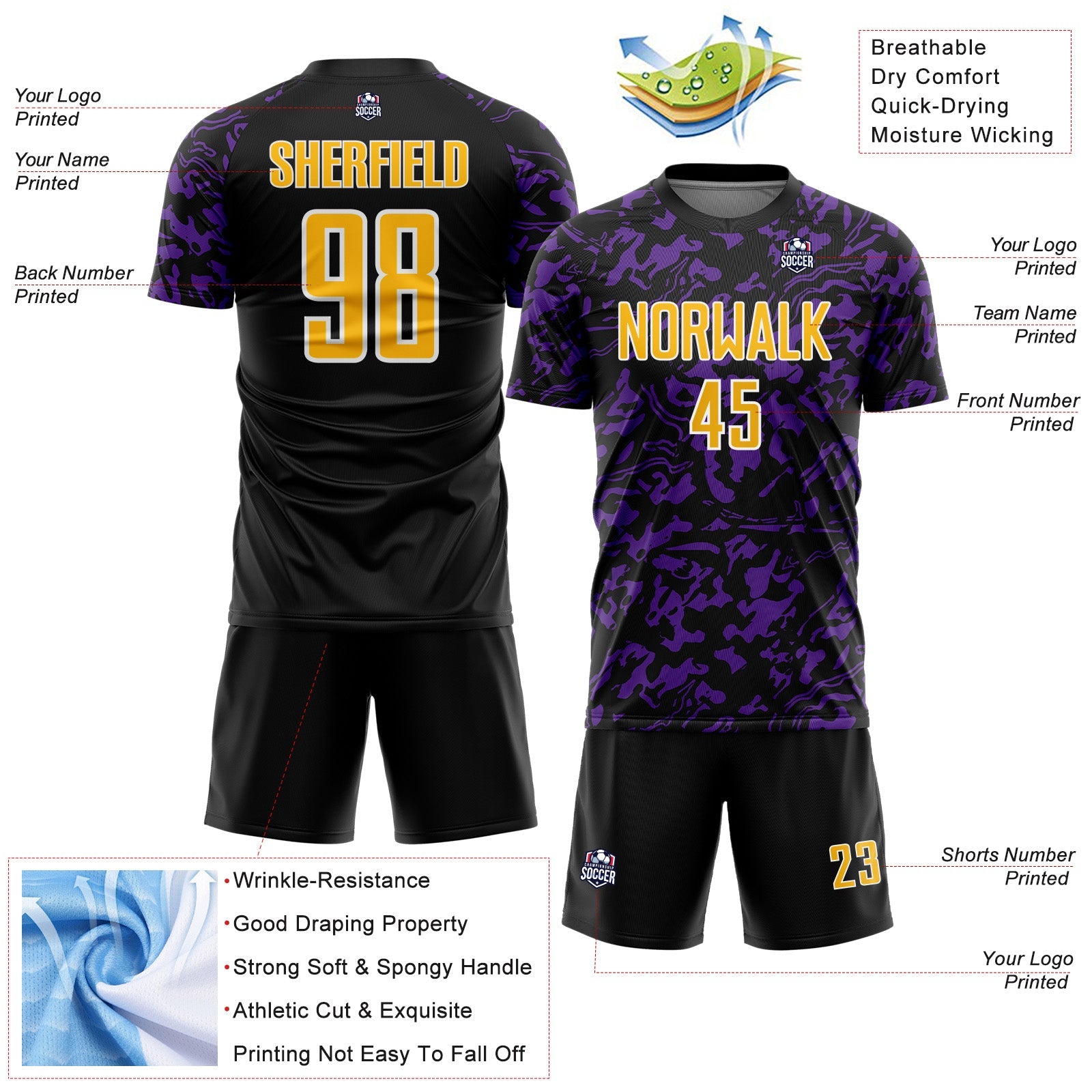 Custom Black Gold Purple-White Liquid Fluid Pattern Sports Sublimation Soccer Uniform Jersey view 4