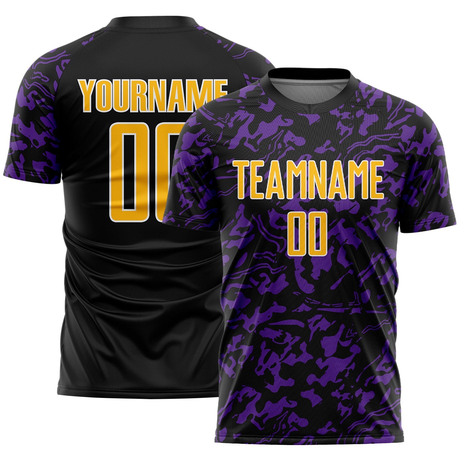 Custom Black Gold Purple-White Liquid Fluid Pattern Sports Sublimation Soccer Uniform Jersey - Main View
