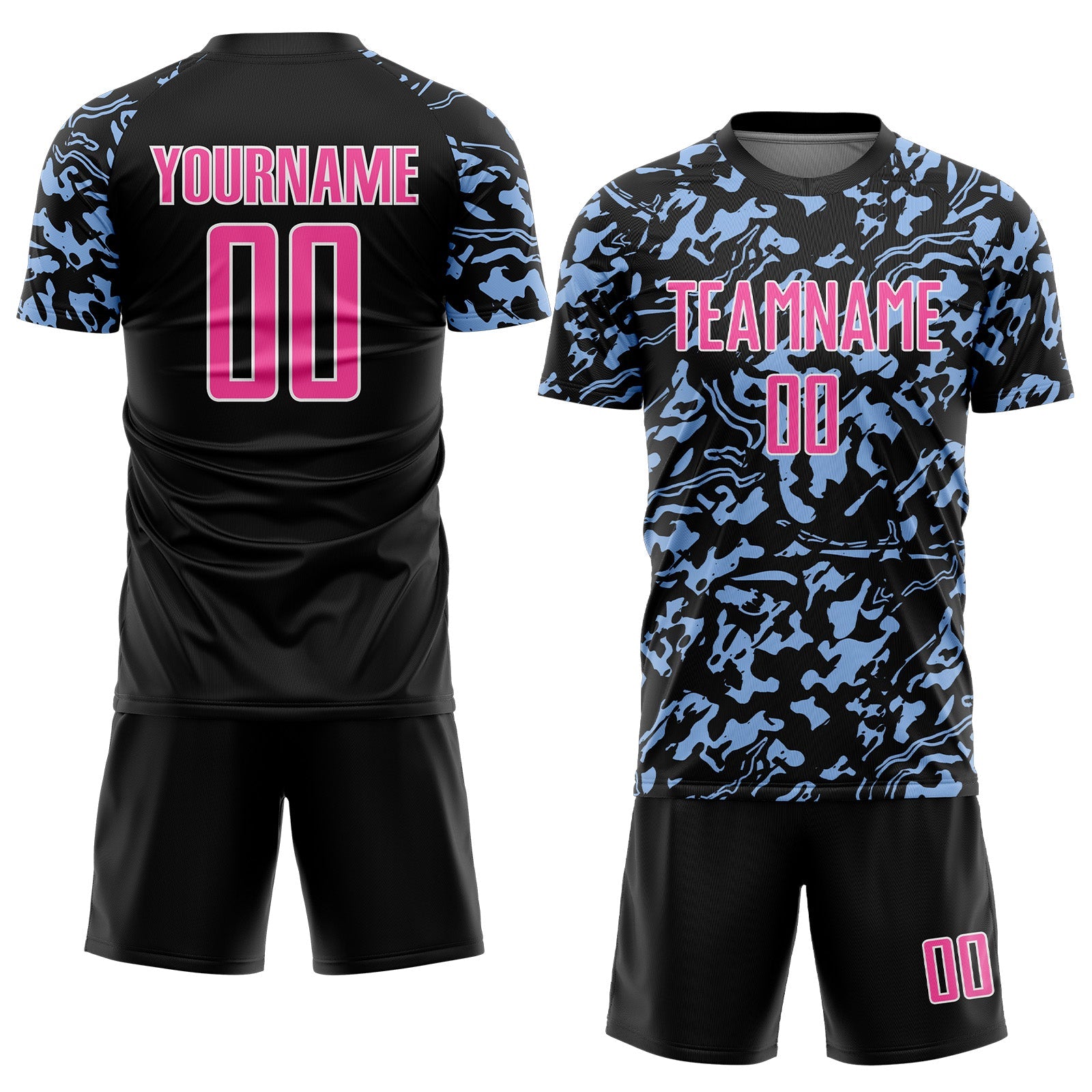 Custom Black Pink Light Blue-White Liquid Fluid Pattern Sports Sublimation Soccer Uniform Jersey view 2