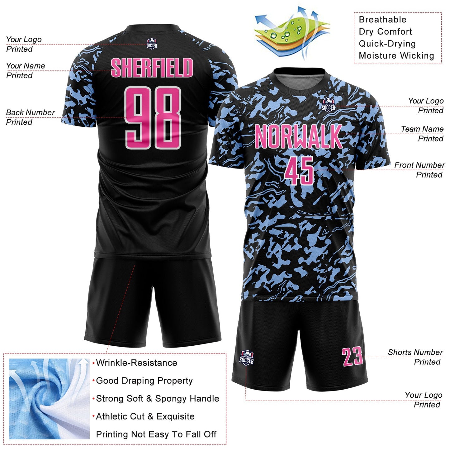 Custom Black Pink Light Blue-White Liquid Fluid Pattern Sports Sublimation Soccer Uniform Jersey view 4