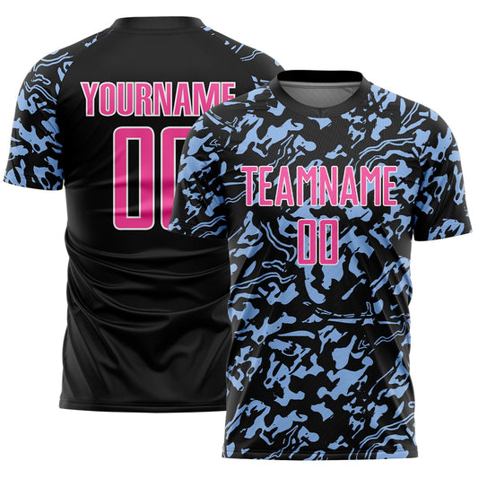 Custom Black Pink Light Blue-White Liquid Fluid Pattern Sports Sublimation Soccer Uniform Jersey - Main View