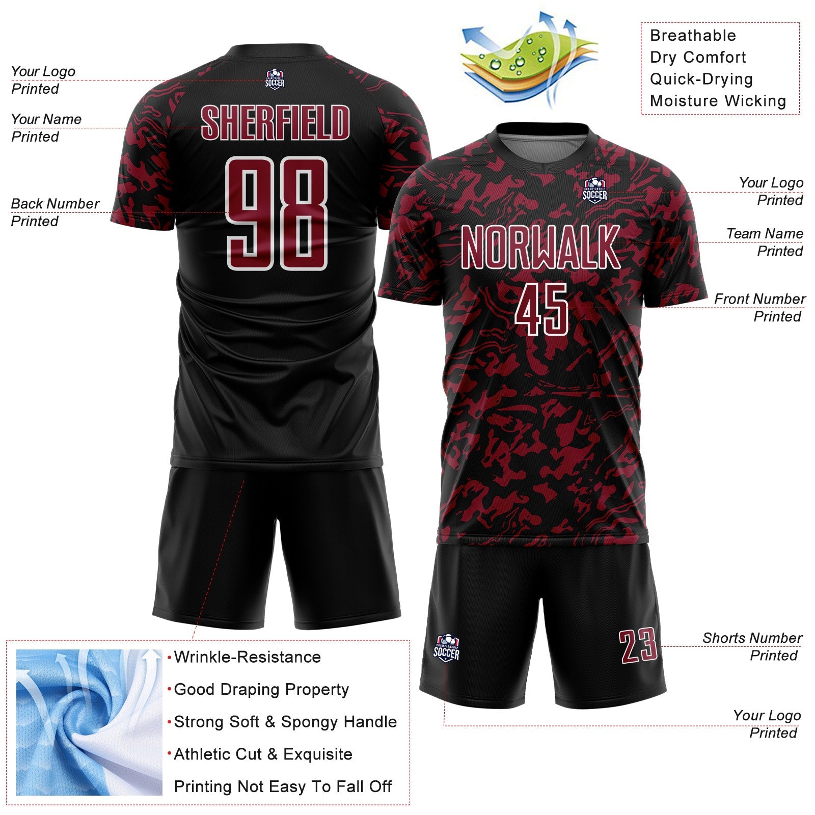 Custom Black Crimson-White Liquid Fluid Pattern Sports Sublimation Soccer Uniform Jersey view 4