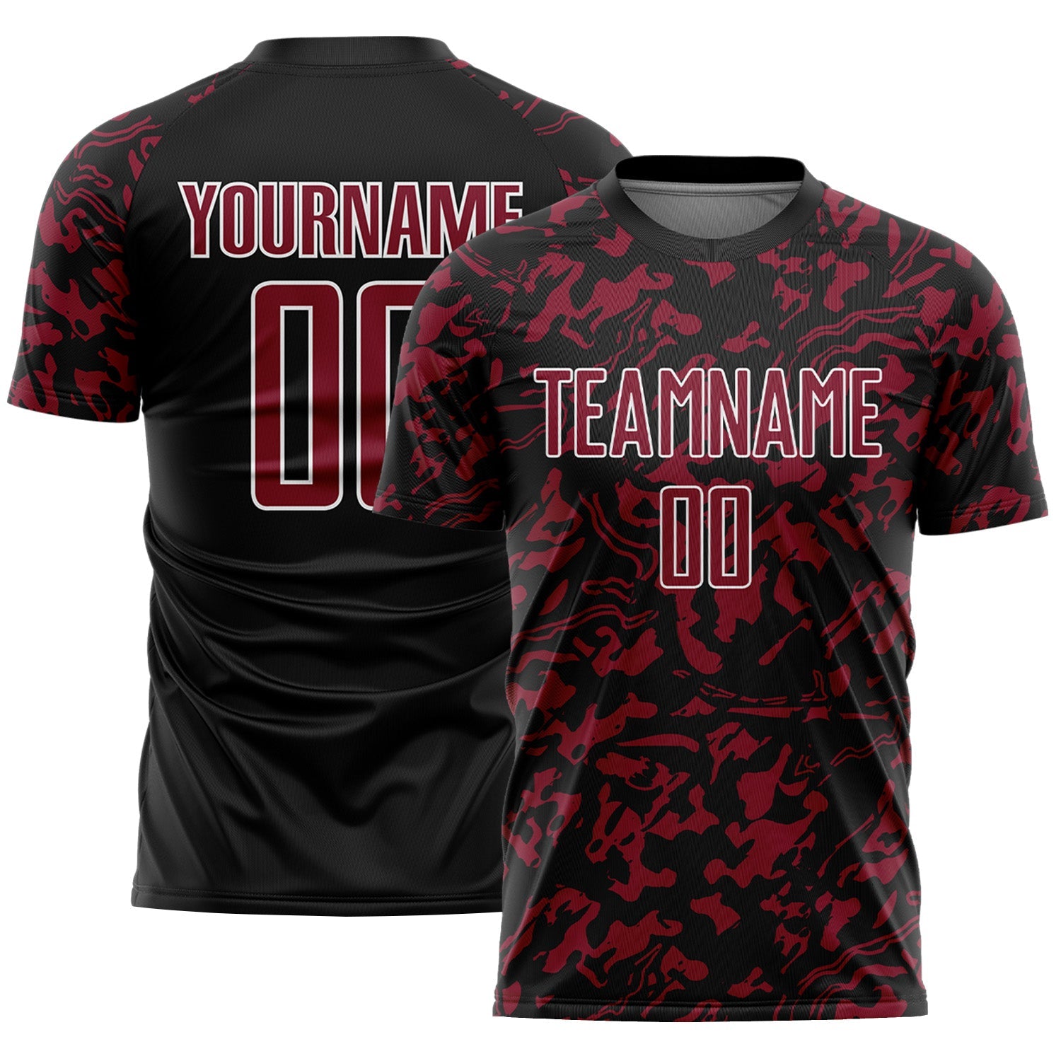 Custom Black Crimson-White Liquid Fluid Pattern Sports Sublimation Soccer Uniform Jersey - Main View