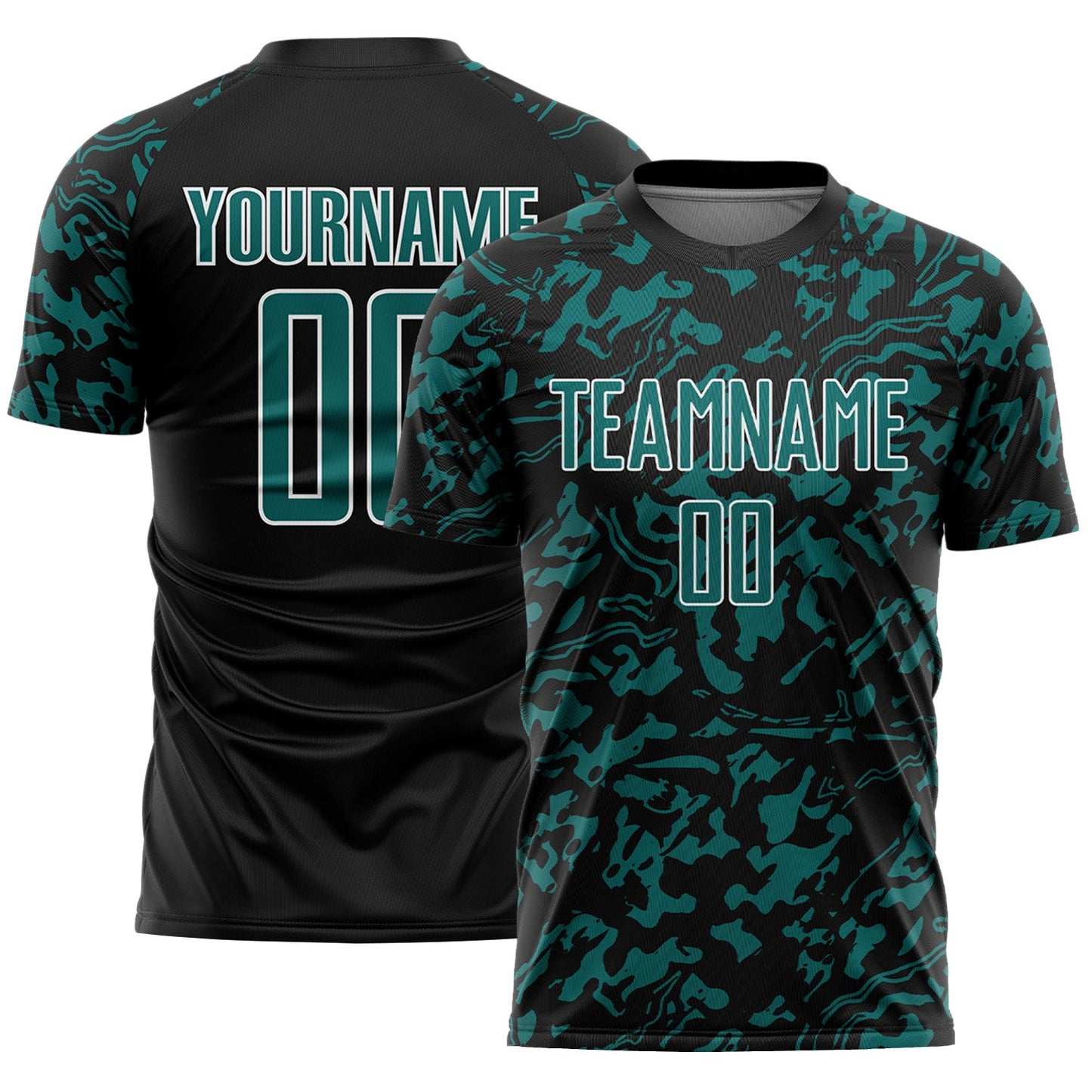 Custom Black Teal-White Liquid Fluid Pattern Sports Sublimation Soccer Uniform Jersey - Main View