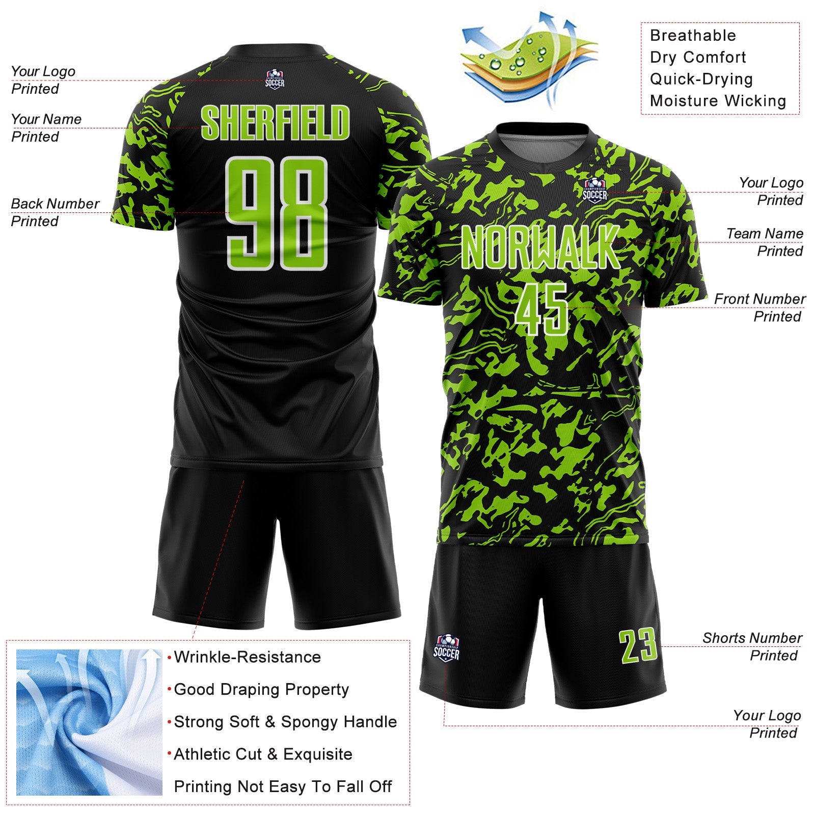 Custom Black Neon Green-White Liquid Fluid Pattern Sports Sublimation Soccer Uniform Jersey view 4