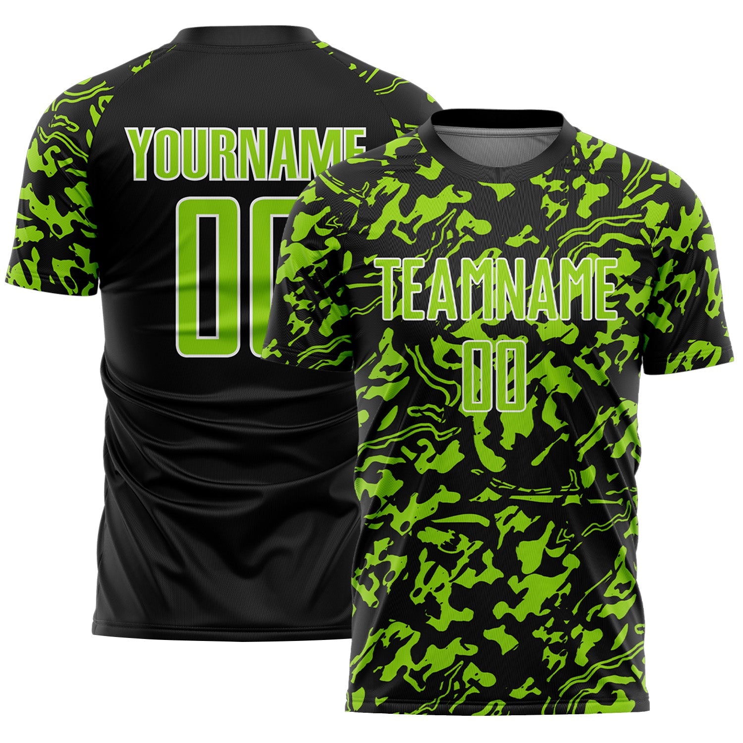 Custom Black Neon Green-White Liquid Fluid Pattern Sports Sublimation Soccer Uniform Jersey - Main View