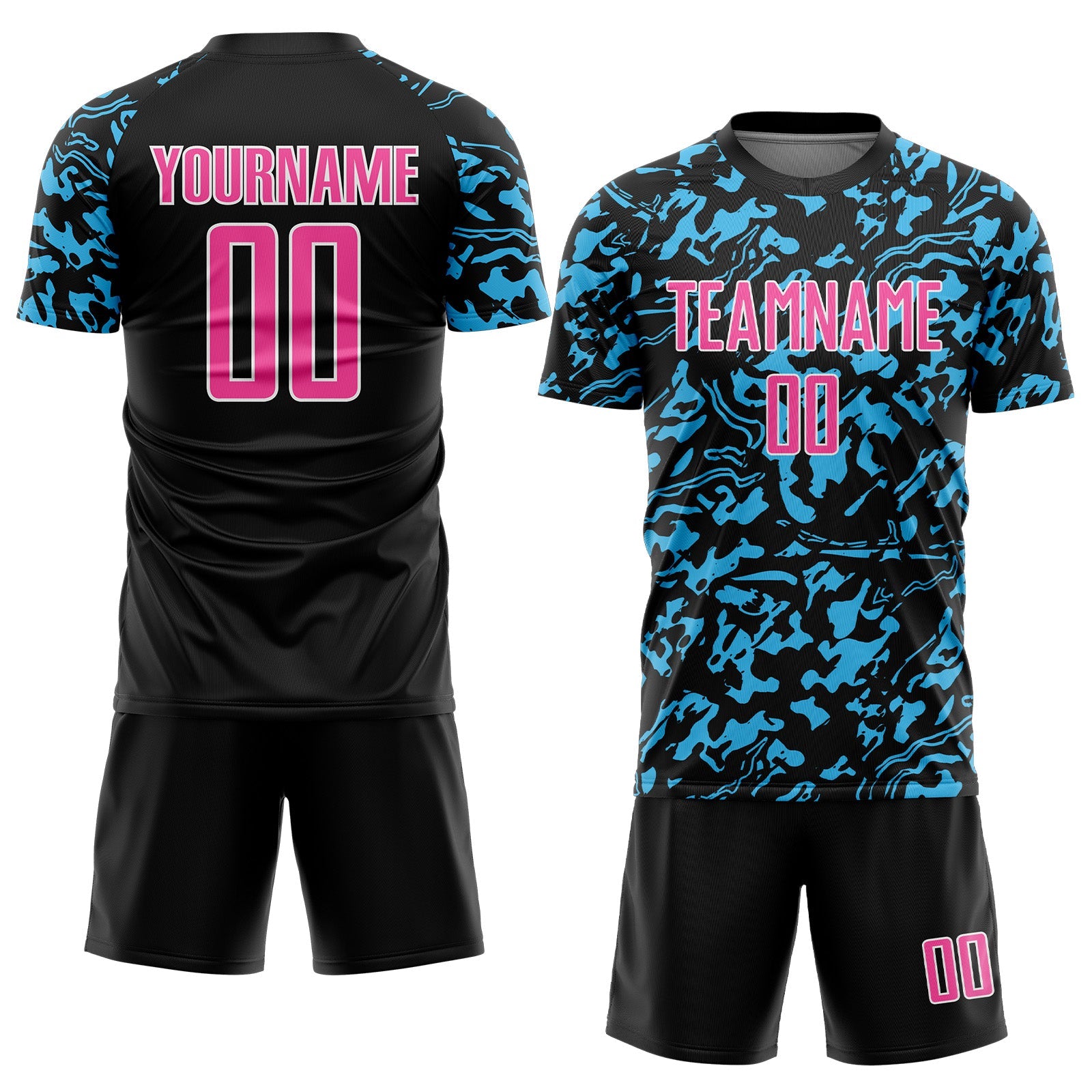 Custom Black Pink Sky Blue-White Liquid Fluid Pattern Sports Sublimation Soccer Uniform Jersey view 2