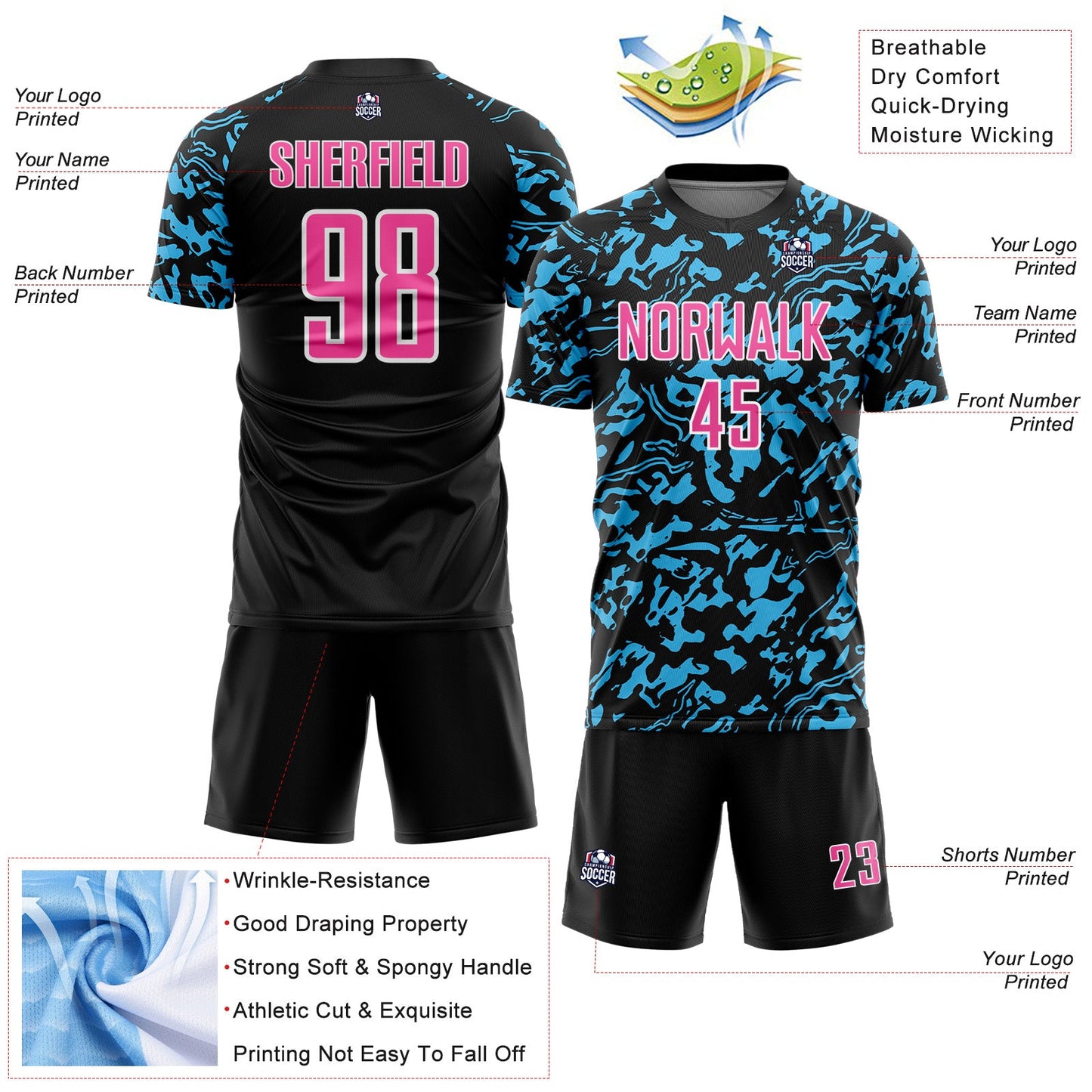 Custom Black Pink Sky Blue-White Liquid Fluid Pattern Sports Sublimation Soccer Uniform Jersey view 4