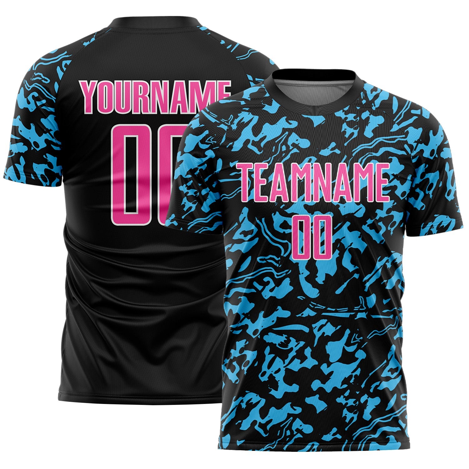 Custom Black Pink Sky Blue-White Liquid Fluid Pattern Sports Sublimation Soccer Uniform Jersey - Main View