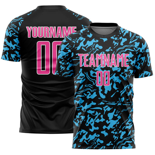 Custom Black Pink Sky Blue-White Liquid Fluid Pattern Sports Sublimation Soccer Uniform Jersey - Main View