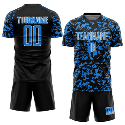 Custom Black Powder Blue-White Liquid Fluid Pattern Sports Sublimation Soccer Uniform Jersey view 2