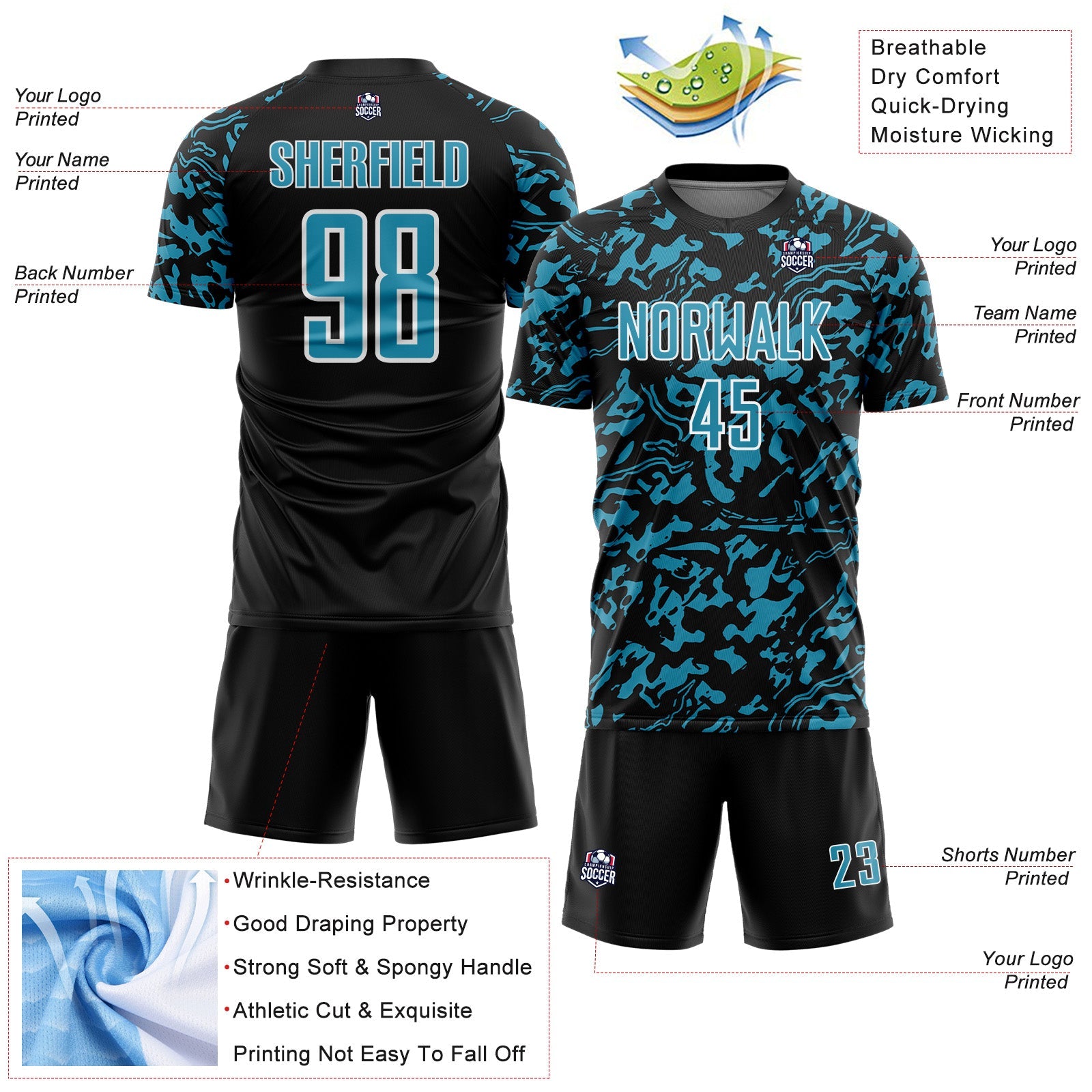 Custom Black Panther Blue-White Liquid Fluid Pattern Sports Sublimation Soccer Uniform Jersey view 4