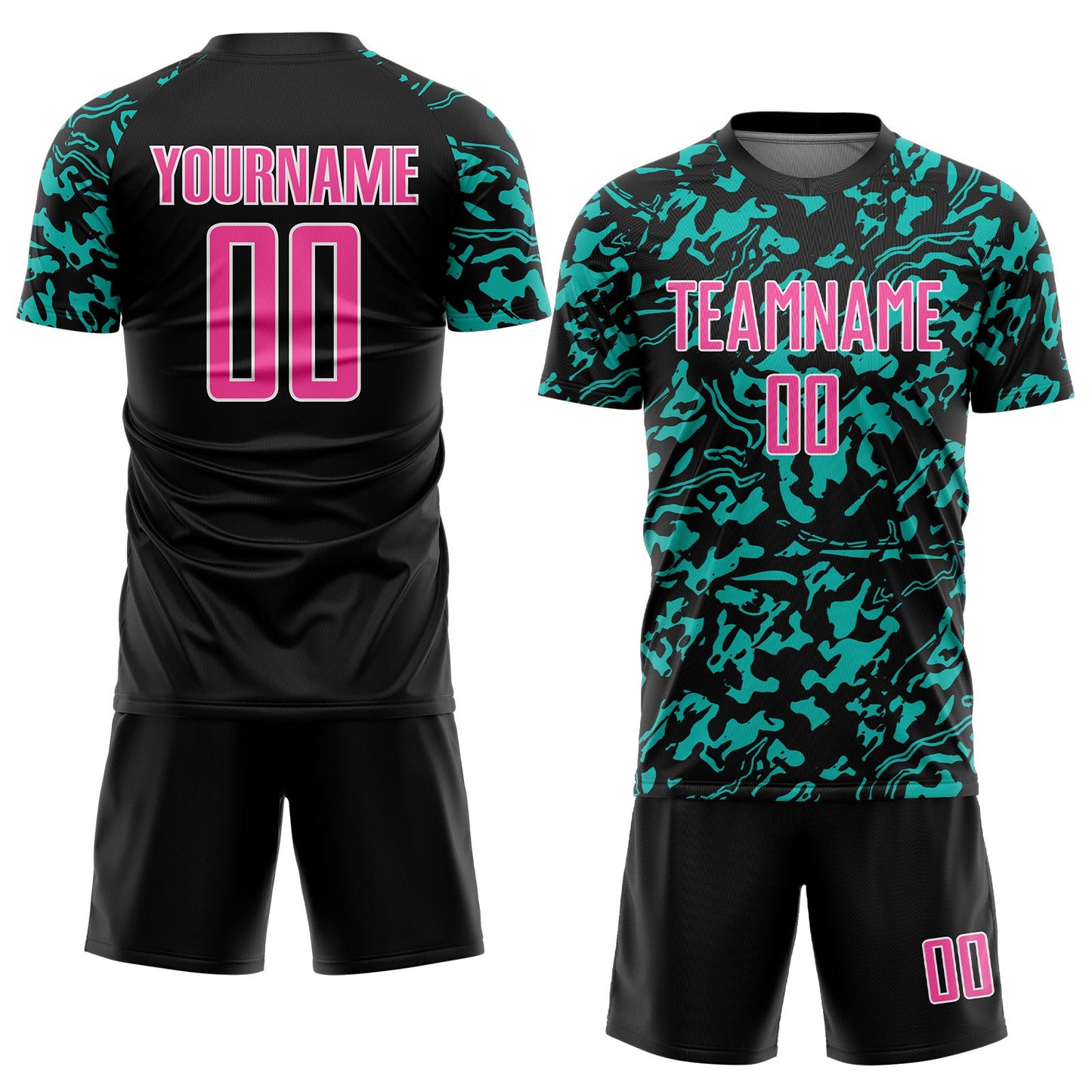 Custom Black Pink Aqua-White Liquid Fluid Pattern Sports Sublimation Soccer Uniform Jersey view 2
