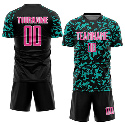 Custom Black Pink Aqua-White Liquid Fluid Pattern Sports Sublimation Soccer Uniform Jersey view 2