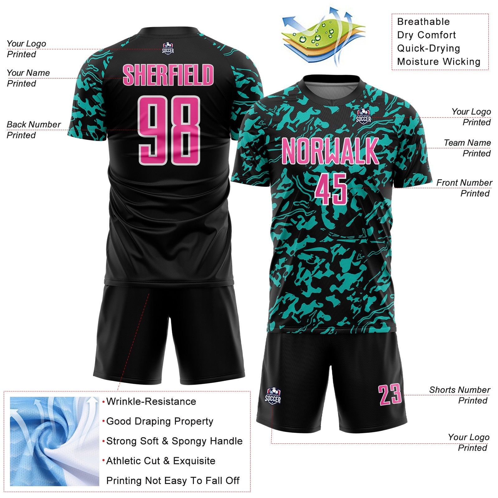 Custom Black Pink Aqua-White Liquid Fluid Pattern Sports Sublimation Soccer Uniform Jersey view 4
