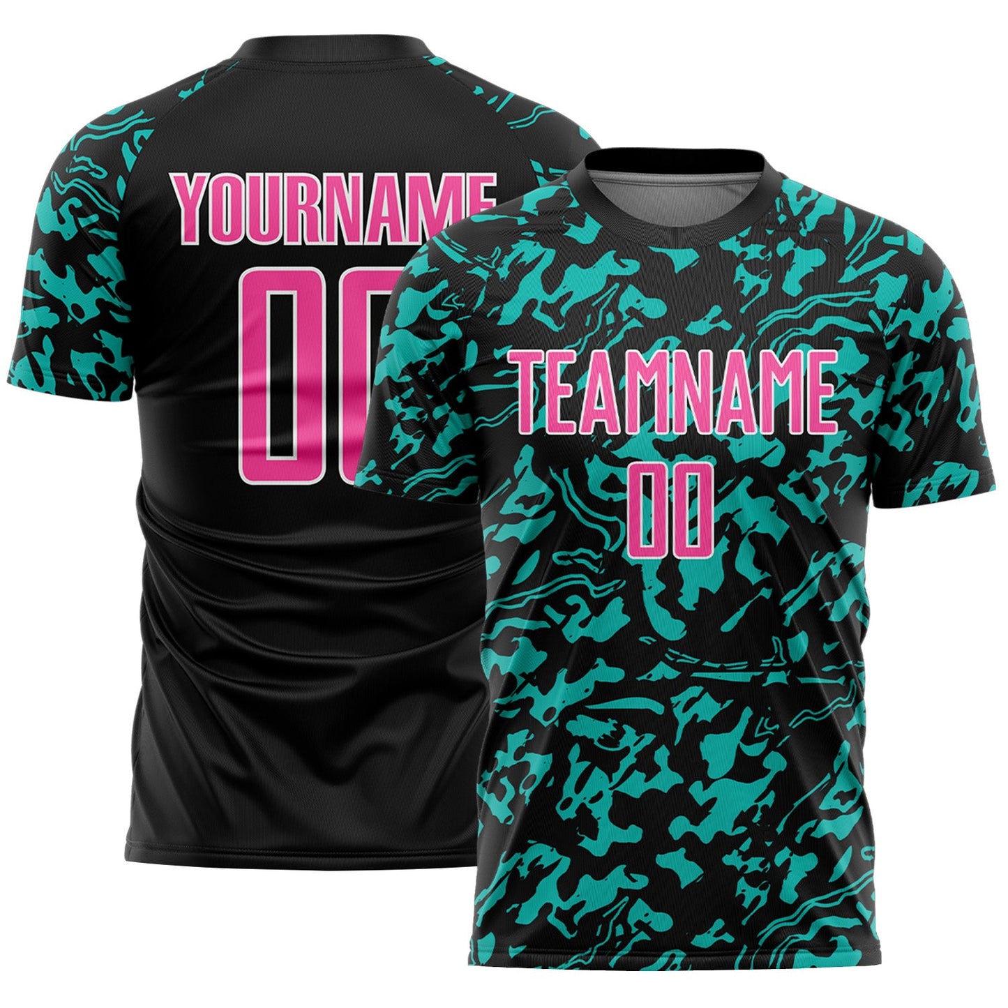 Custom Black Pink Aqua-White Liquid Fluid Pattern Sports Sublimation Soccer Uniform Jersey - Main View