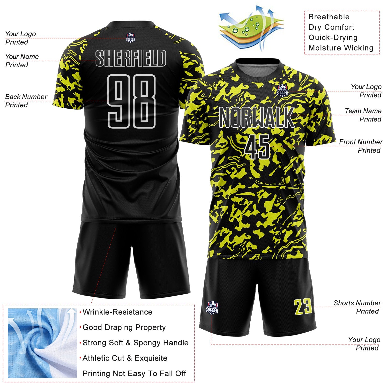 Custom Black Neon Yellow-White Liquid Fluid Pattern Sports Sublimation Soccer Uniform Jersey view 4