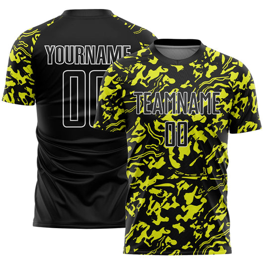 Custom Black Neon Yellow-White Liquid Fluid Pattern Sports Sublimation Soccer Uniform Jersey - Main View