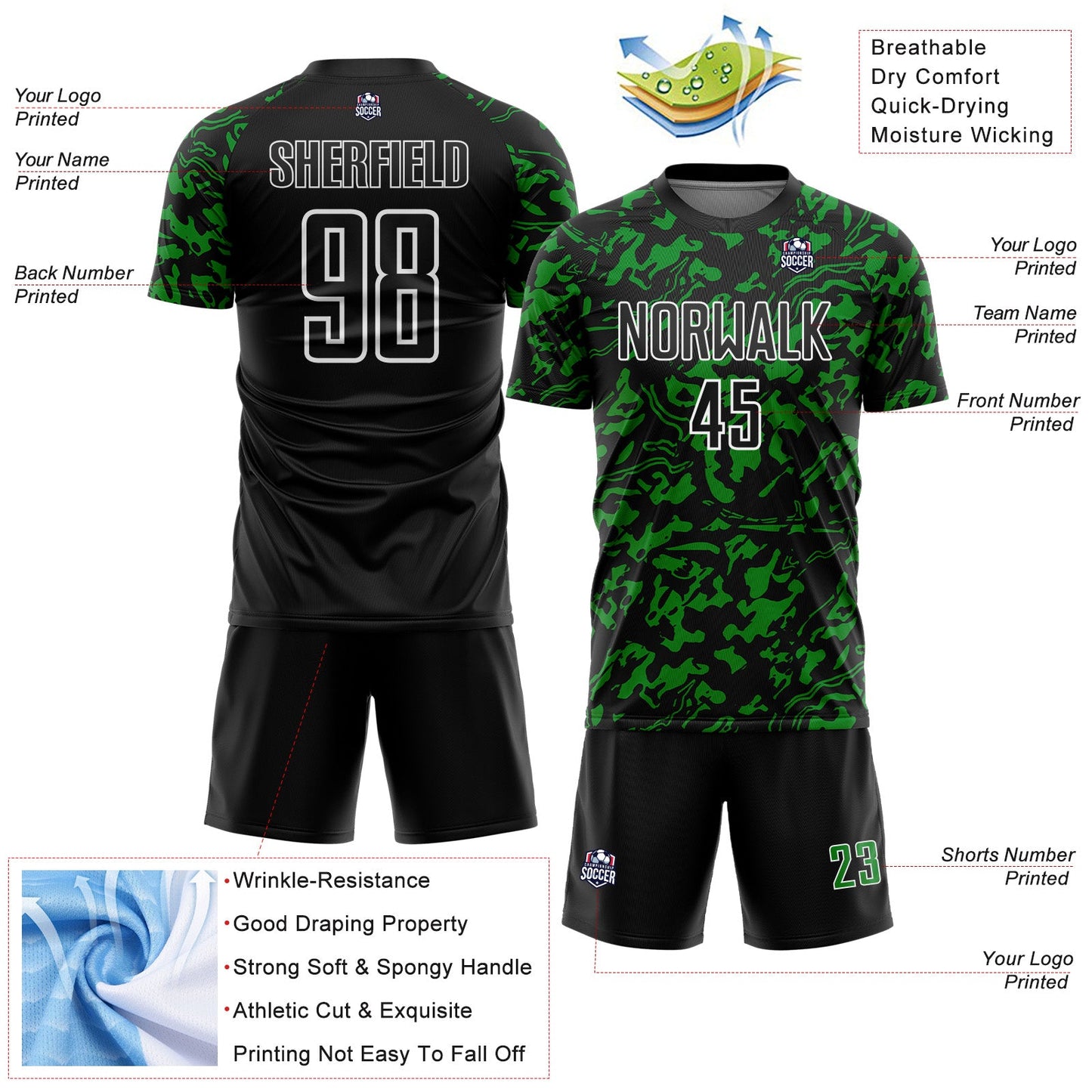 Custom Black Grass Green-White Liquid Fluid Pattern Sports Sublimation Soccer Uniform Jersey view 4